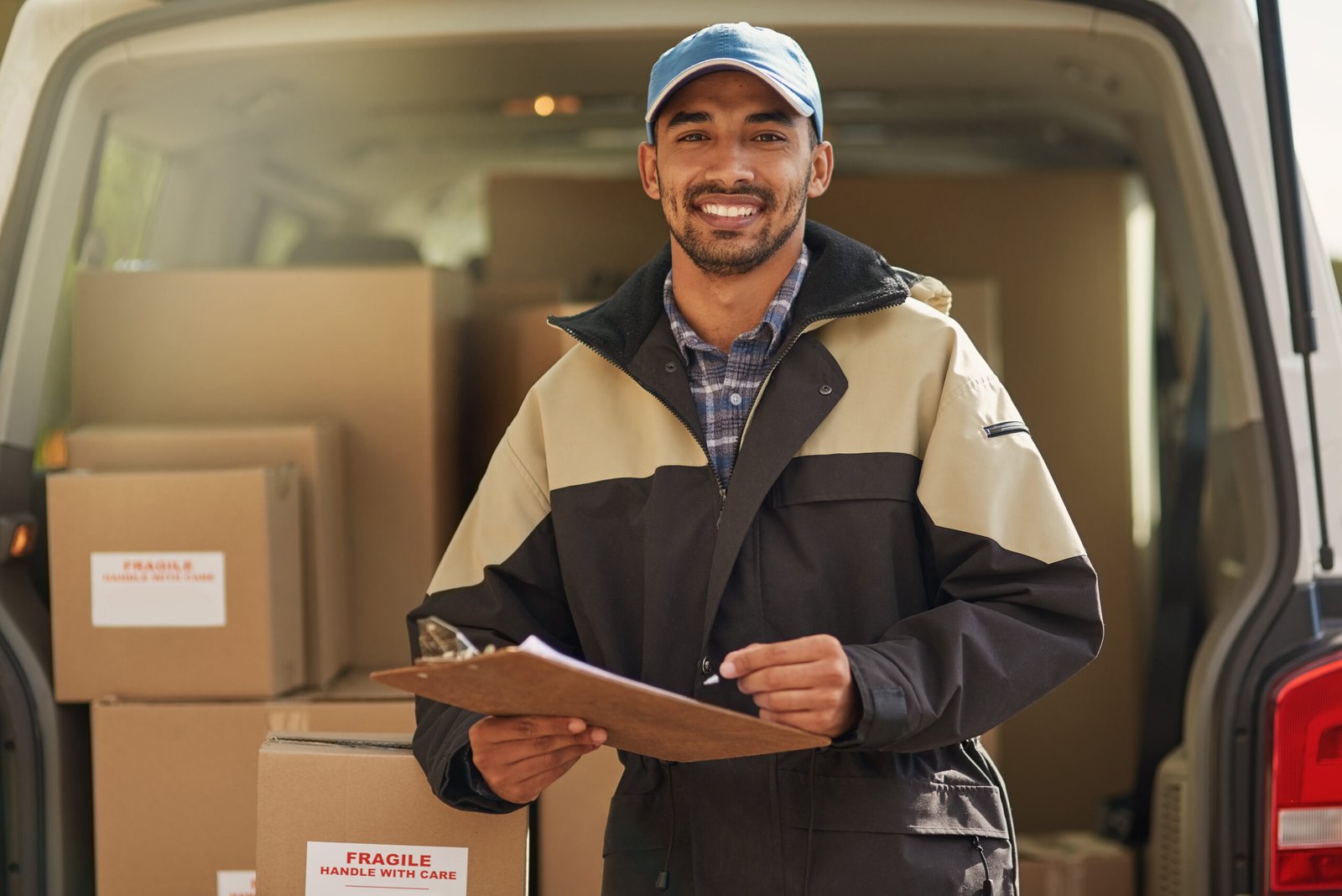 Portrait of a smiling delivery man standing in front of his van holding a package.